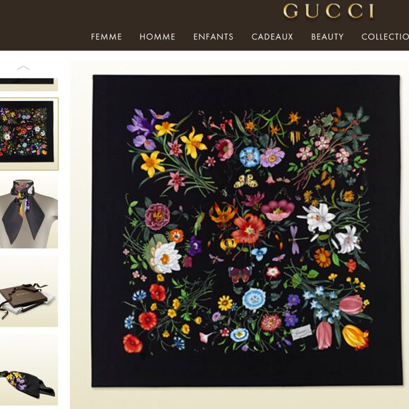 Gucci Scarf Flora Print Logo Black Multicolor Silk Wrap - Picture 8 of 16